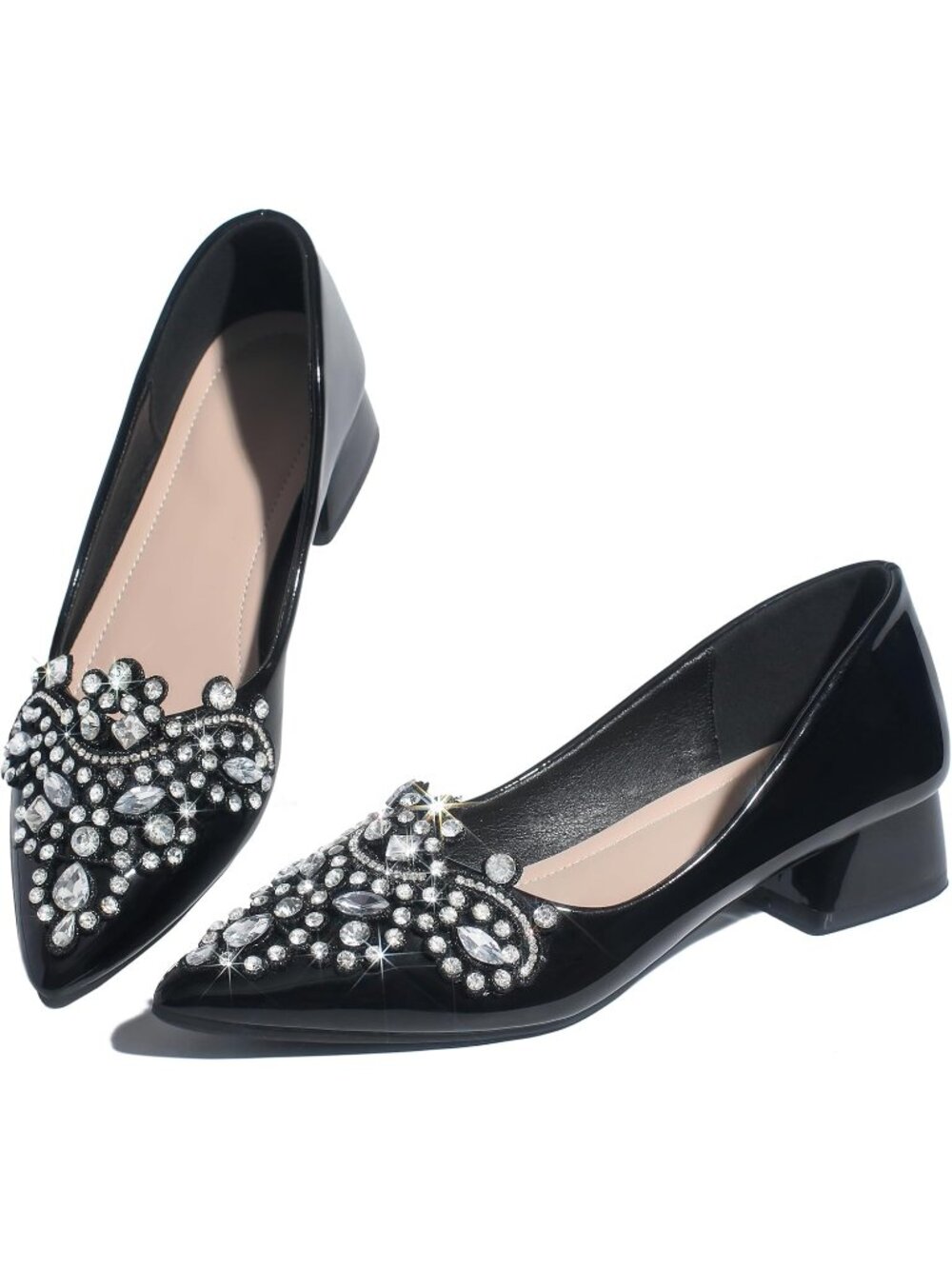 👑Women's Rhinestone Fashion Pointed Toe Pearl Diamond Low Heel Dress shoes